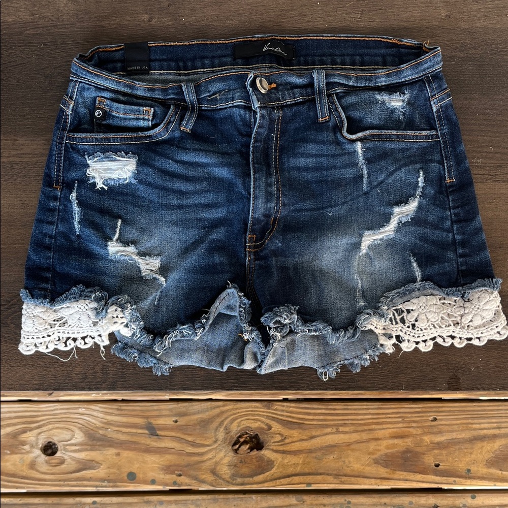 Distressed Denim Shorts with white Lace detail